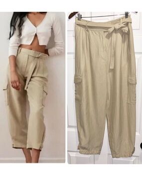 Aritzia Wilfred Kafka Belted Cargo Pants Linen Blend High Rise Beige Tan Size 10